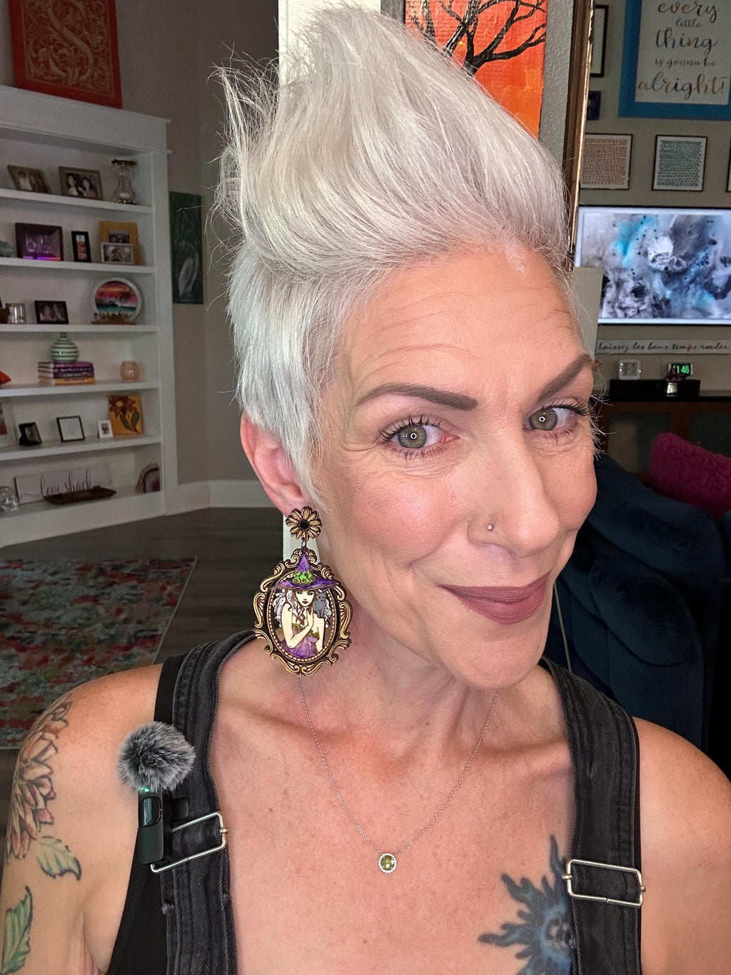 Hand-Painted Witch Earrings – Gothic Wood Statement Jewelry with Cat Familiar