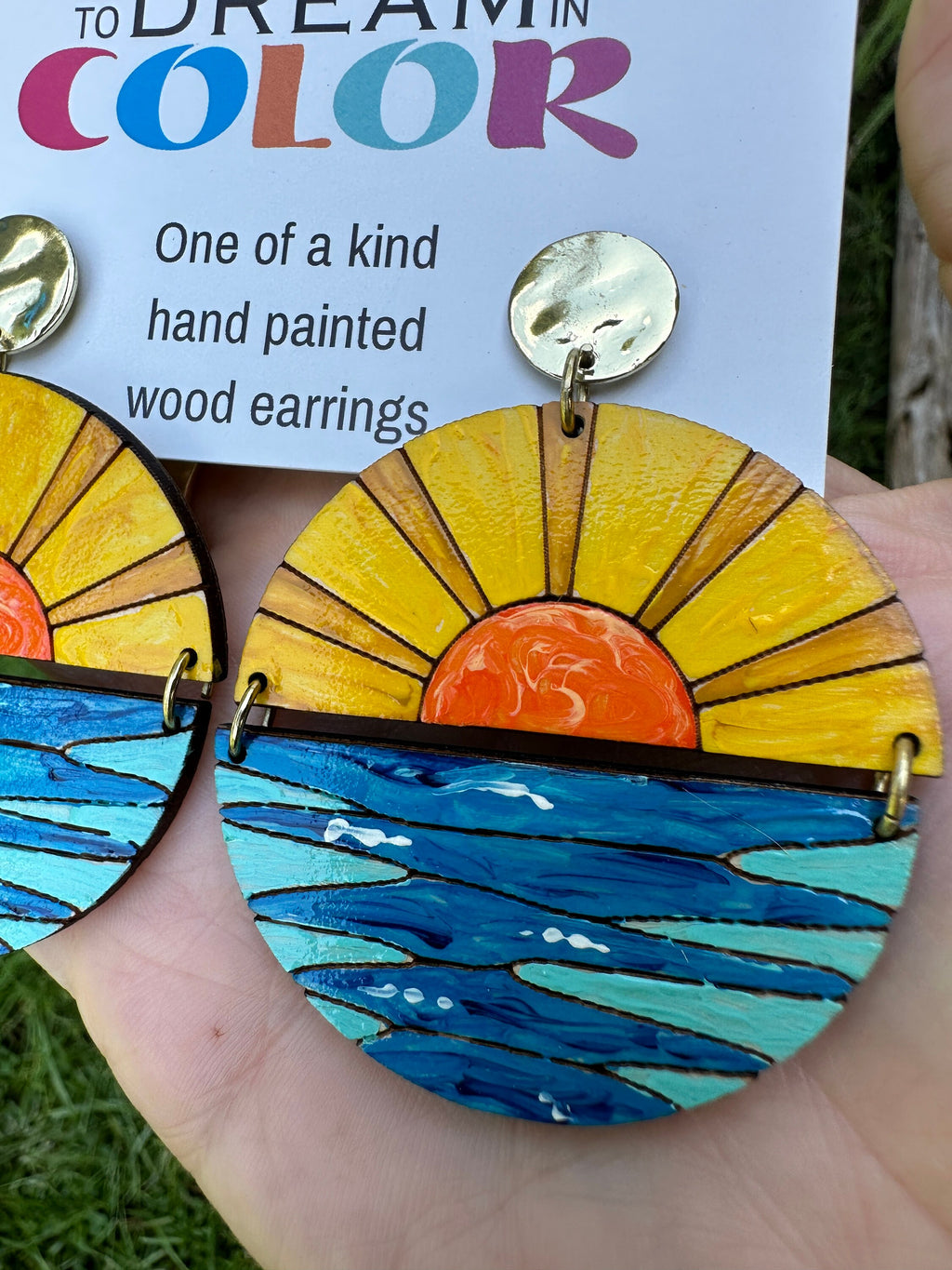 Hand-Painted Sun and Ocean Wood Earrings: Lightweight Hypoallergenic Hooks