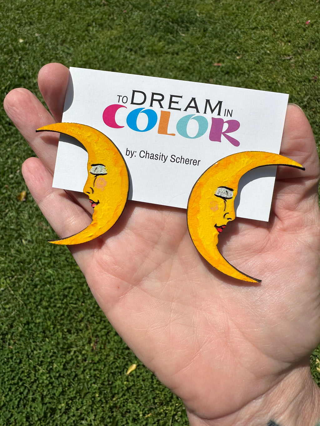 Handmade Crescent Moon Dangle Earrings: Painted Wood Statement Jewelry