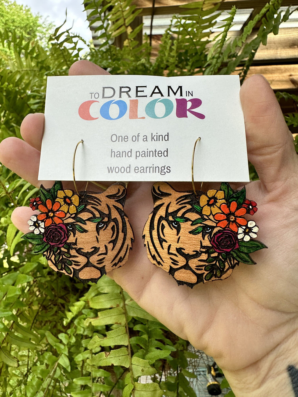 Handmade Tiger Earrings: Floral Wood Dangle Earrings