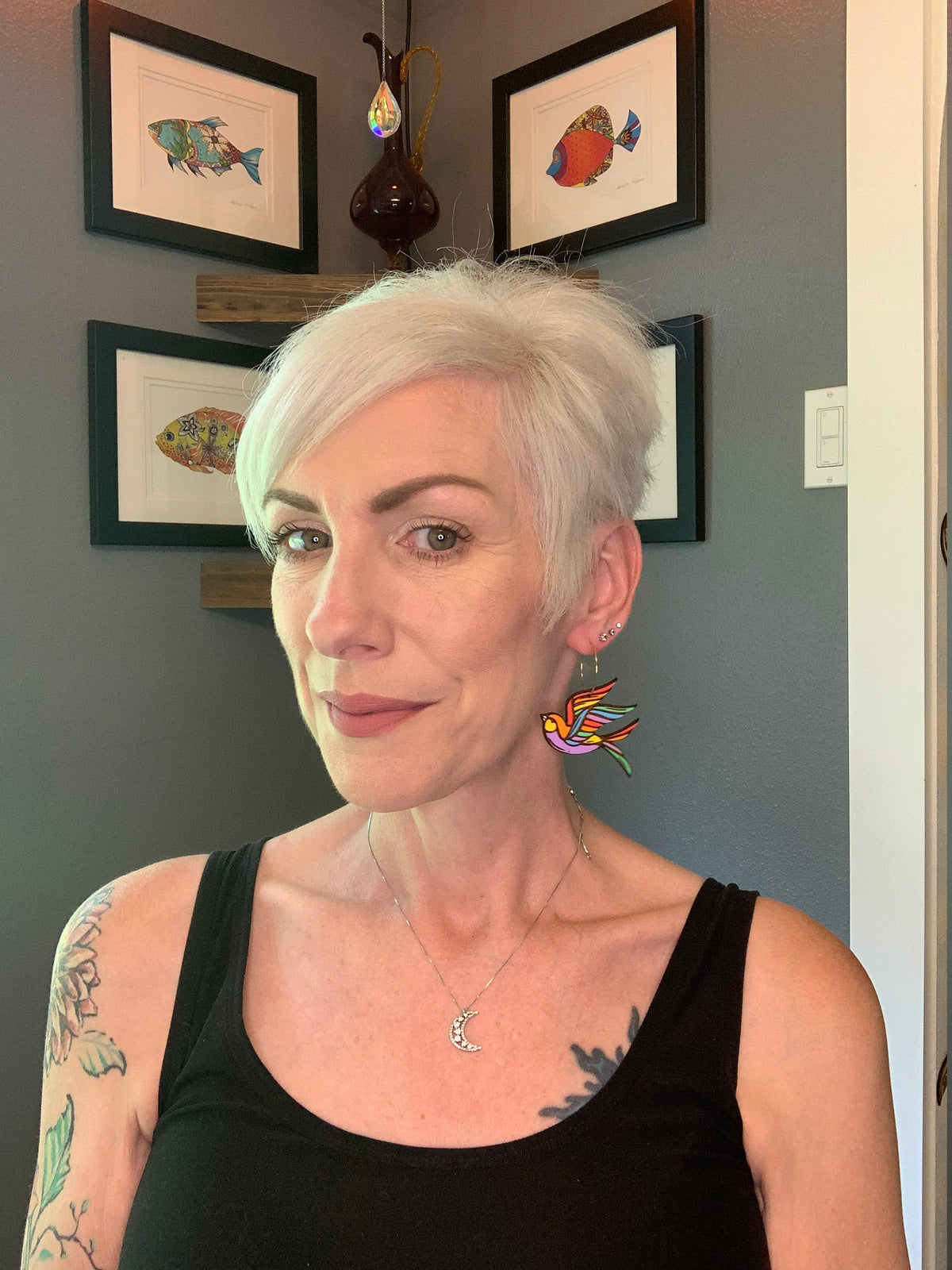 Hand-Painted Sparrow Earrings: Bold Wood Dangle Earrings