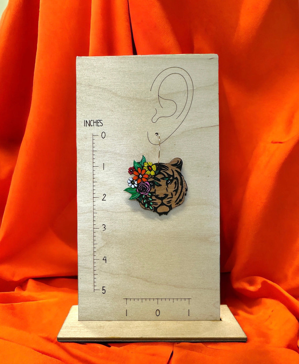 Handmade Tiger Earrings: Floral Wood Dangle Earrings