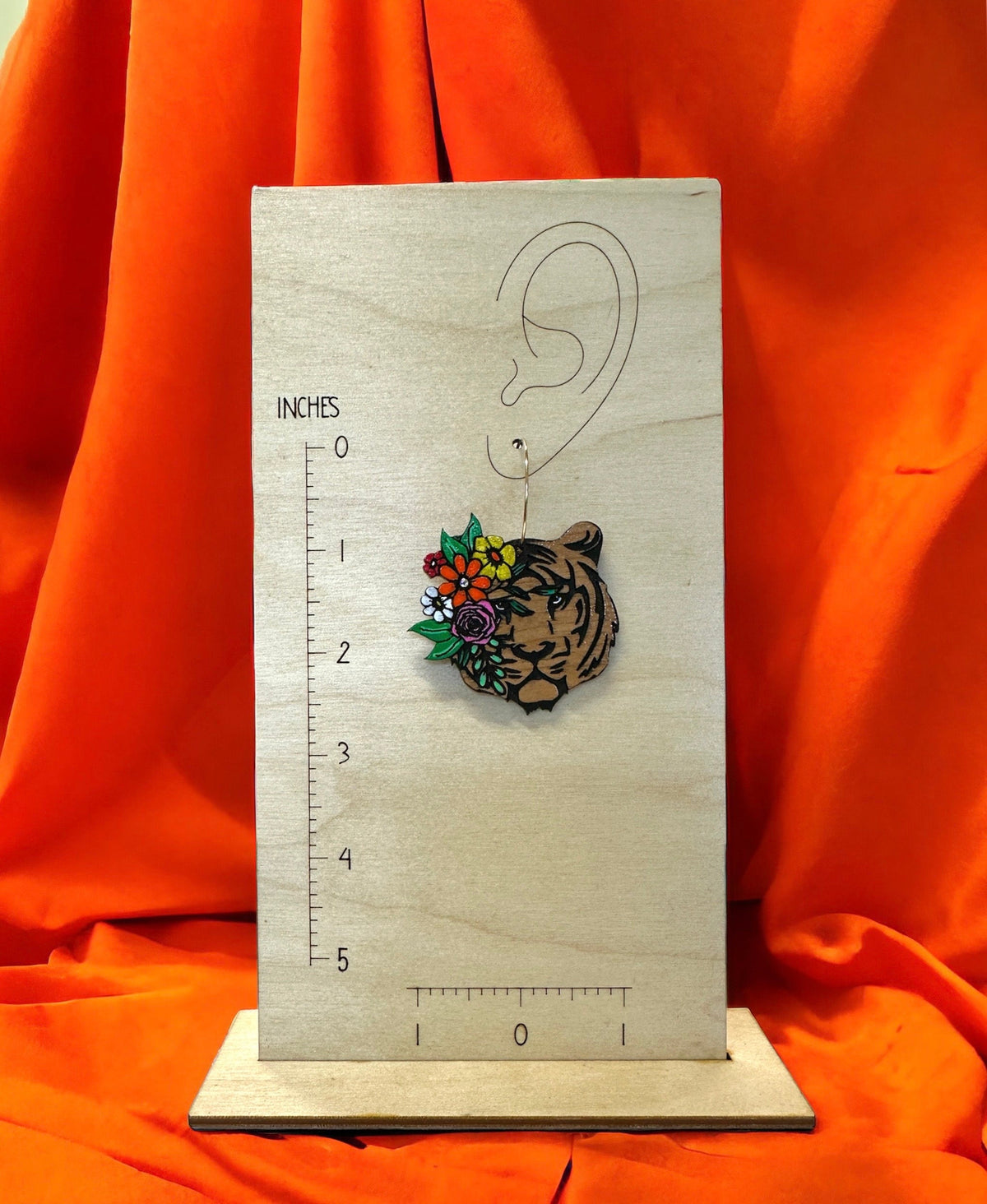 Handmade Tiger Earrings: Floral Wood Dangle Earrings