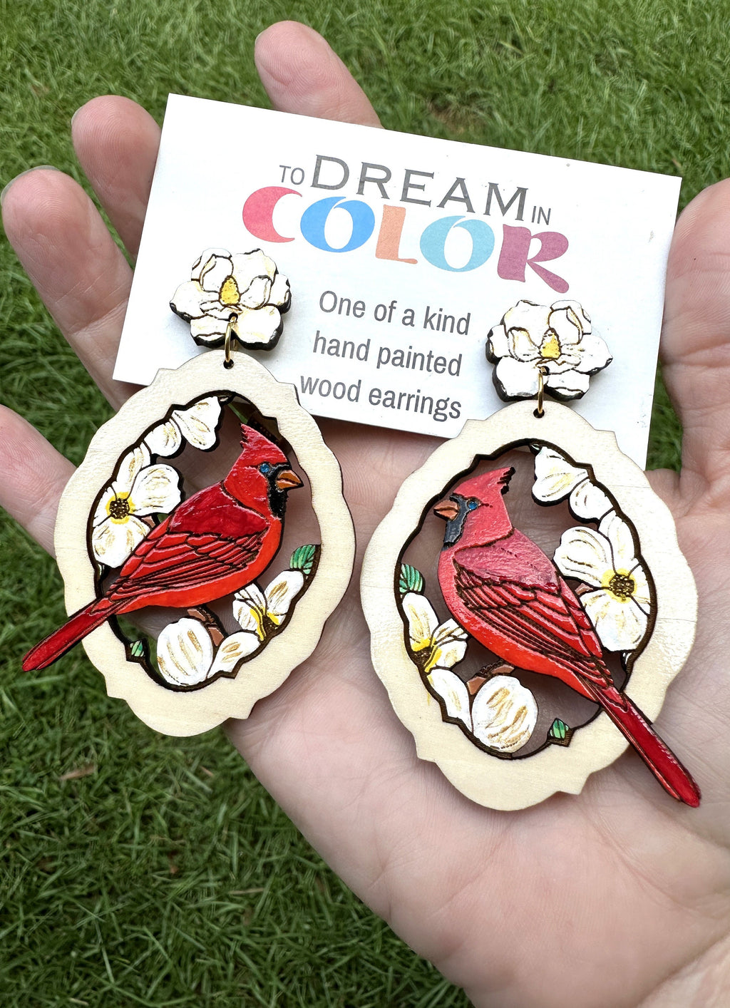 Hand-Painted Cardinal Earrings: Magnolia Wood Statement Jewelry