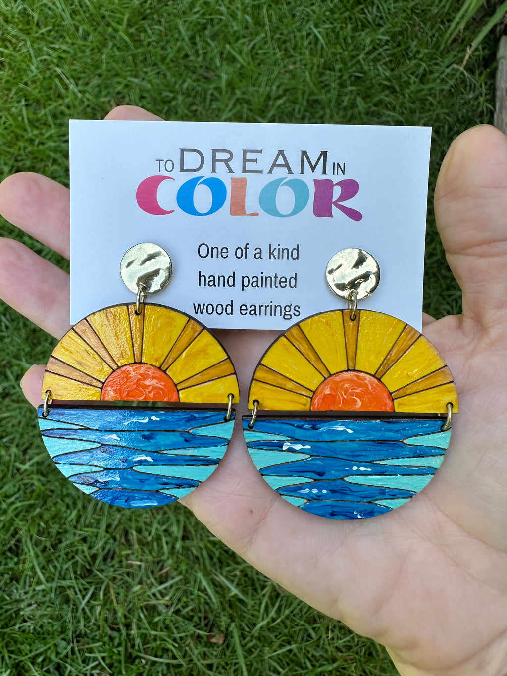 Hand-Painted Sun and Ocean Wood Earrings: Lightweight Hypoallergenic Hooks