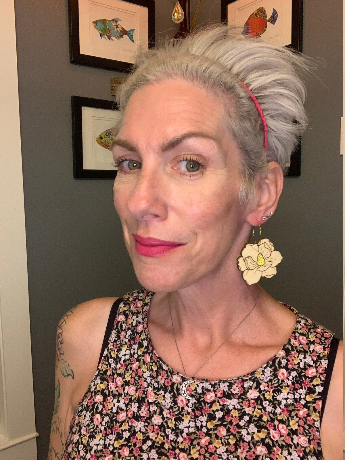 Laser Cut Magnolia Wood Earrings: Hand-Painted Statement Dangles