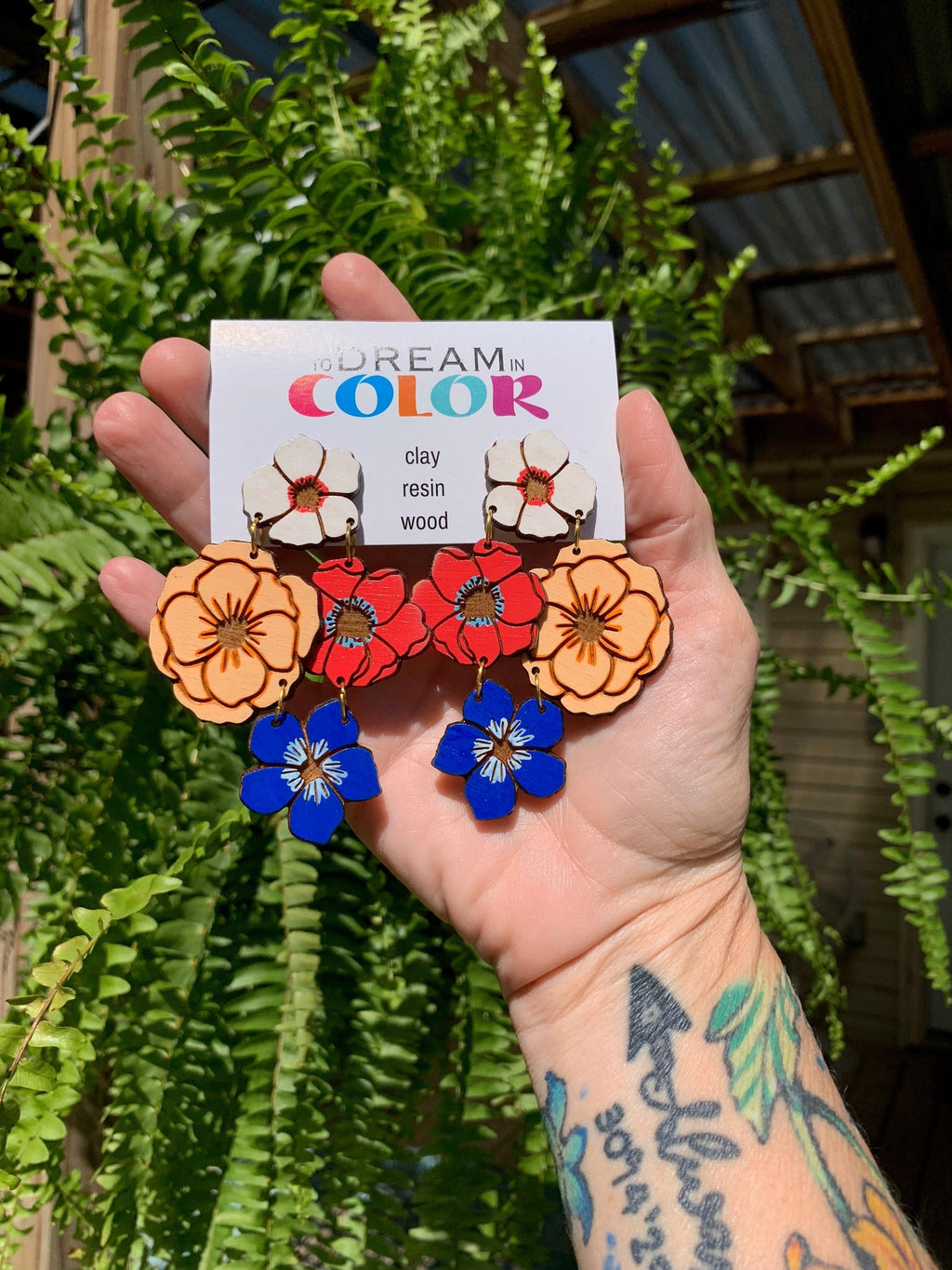 Hand-Painted Wood Flower Earrings: Bold Statement Dangle Earrings