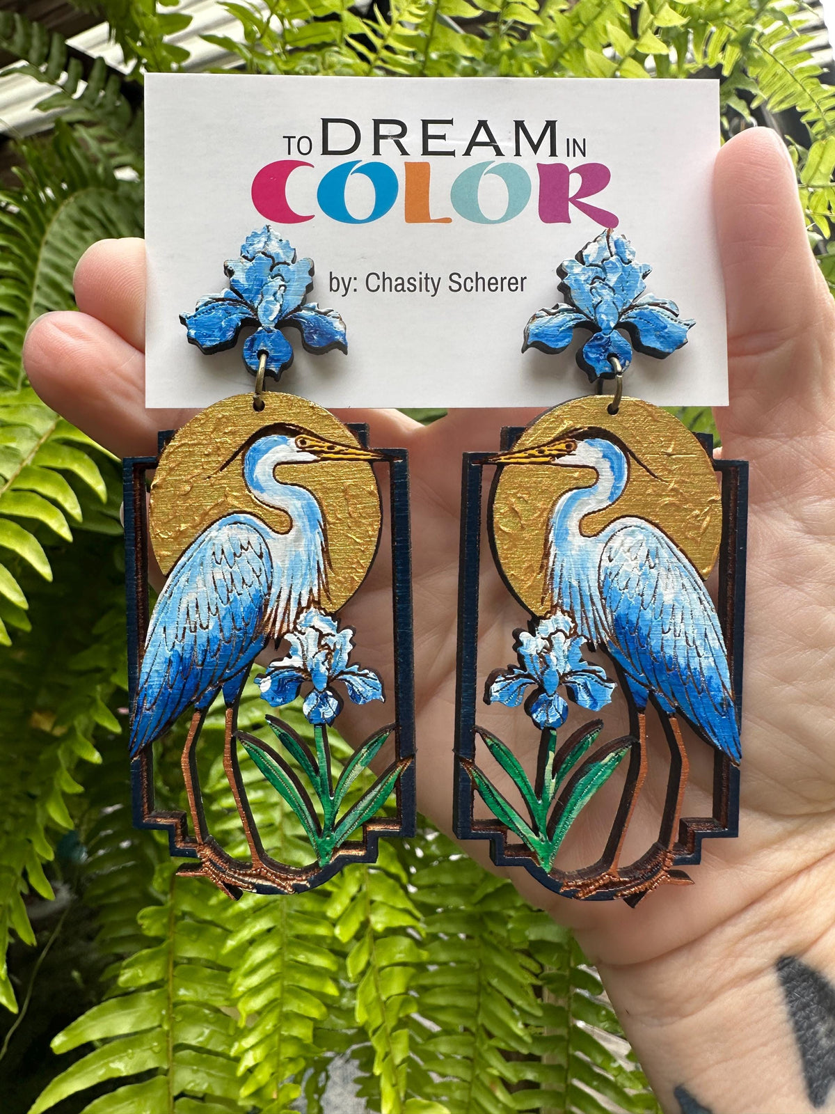 Hand-Painted Heron Earrings: Floral Bayou Art Jewelry, Lightweight Wood