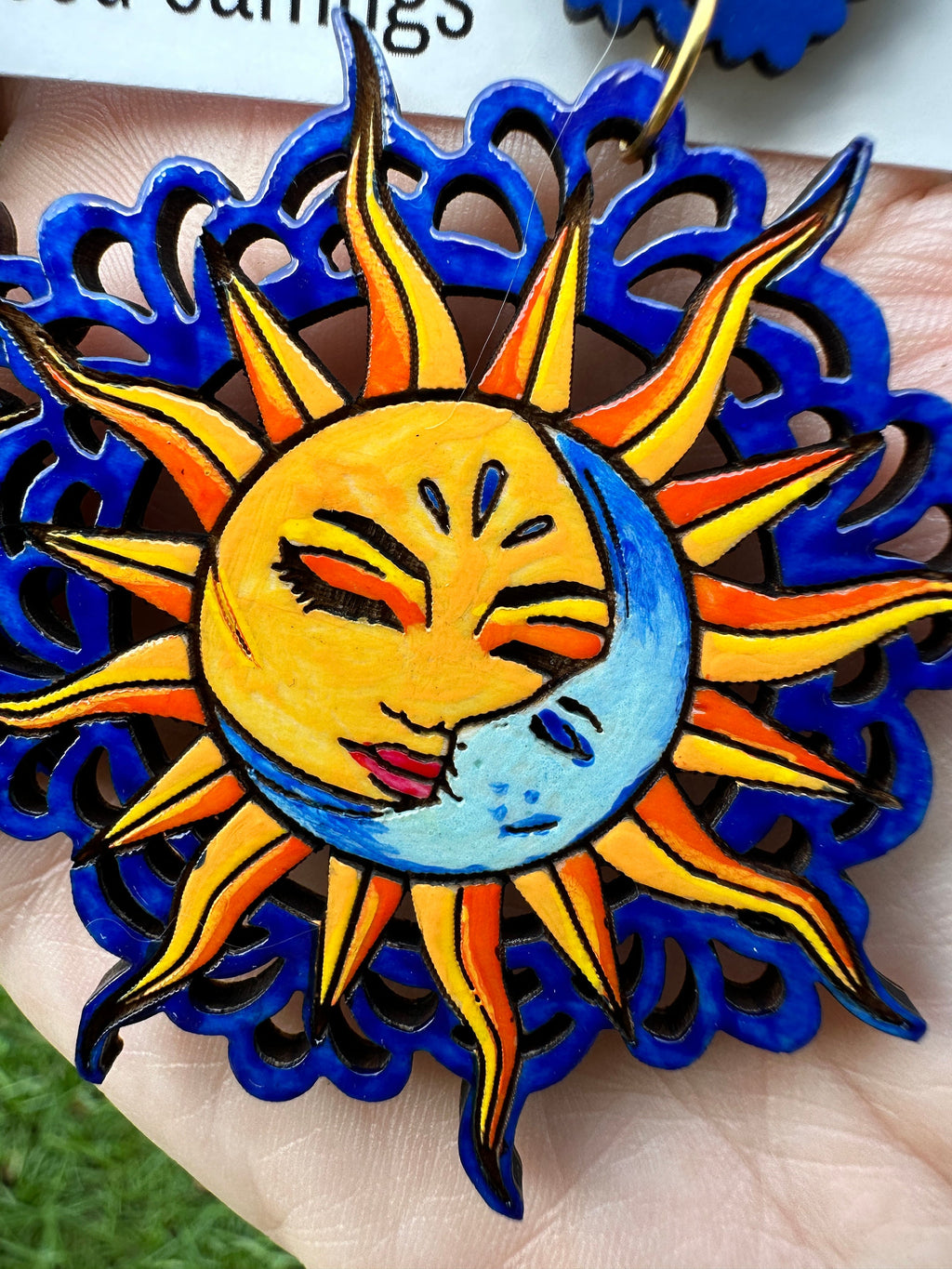 Hand-Painted Sun and Moon Earrings: Celestial Wood Statement Jewelry