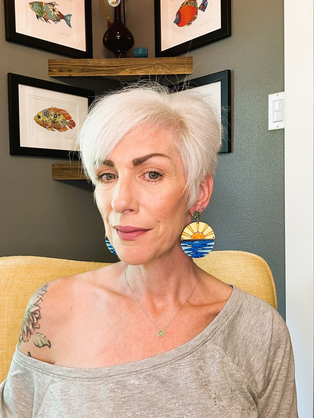 Hand-Painted Sun and Ocean Wood Earrings: Lightweight Hypoallergenic Hooks