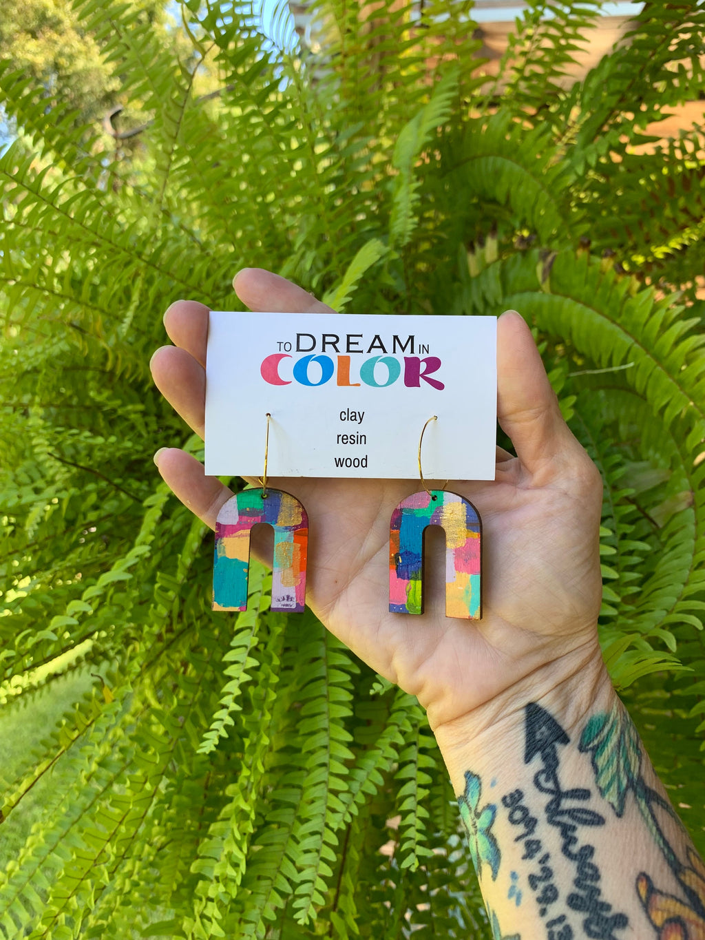 Hand Painted Wood Arch Earrings: Multicolored Mini Dangle Earrings