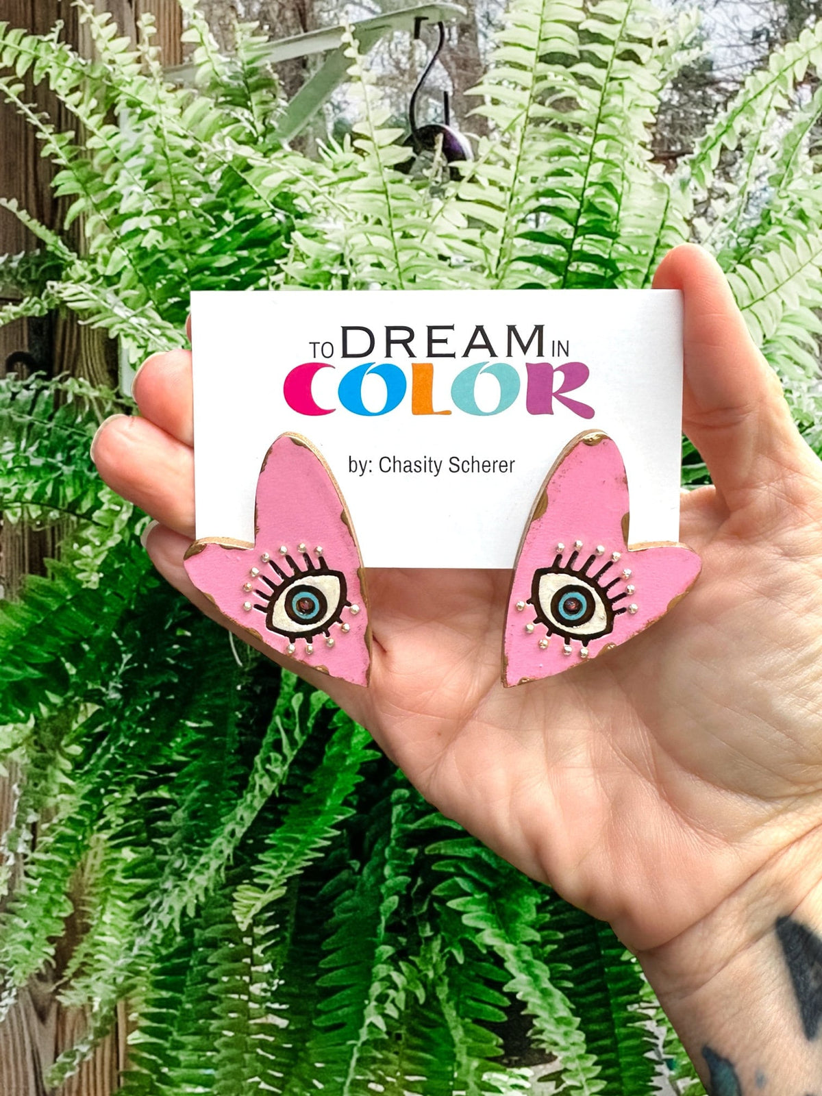 Handmade Wood Heart Earrings: Pink Evil Eye Statement Jewelry