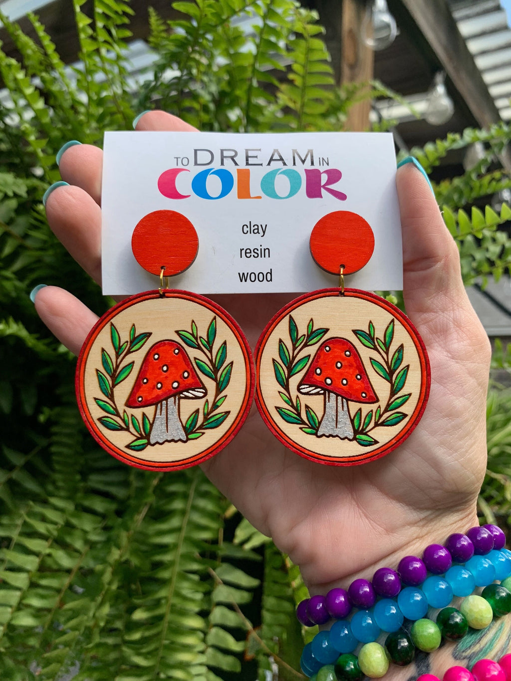 Lightweight Wood Mushroom Earrings
