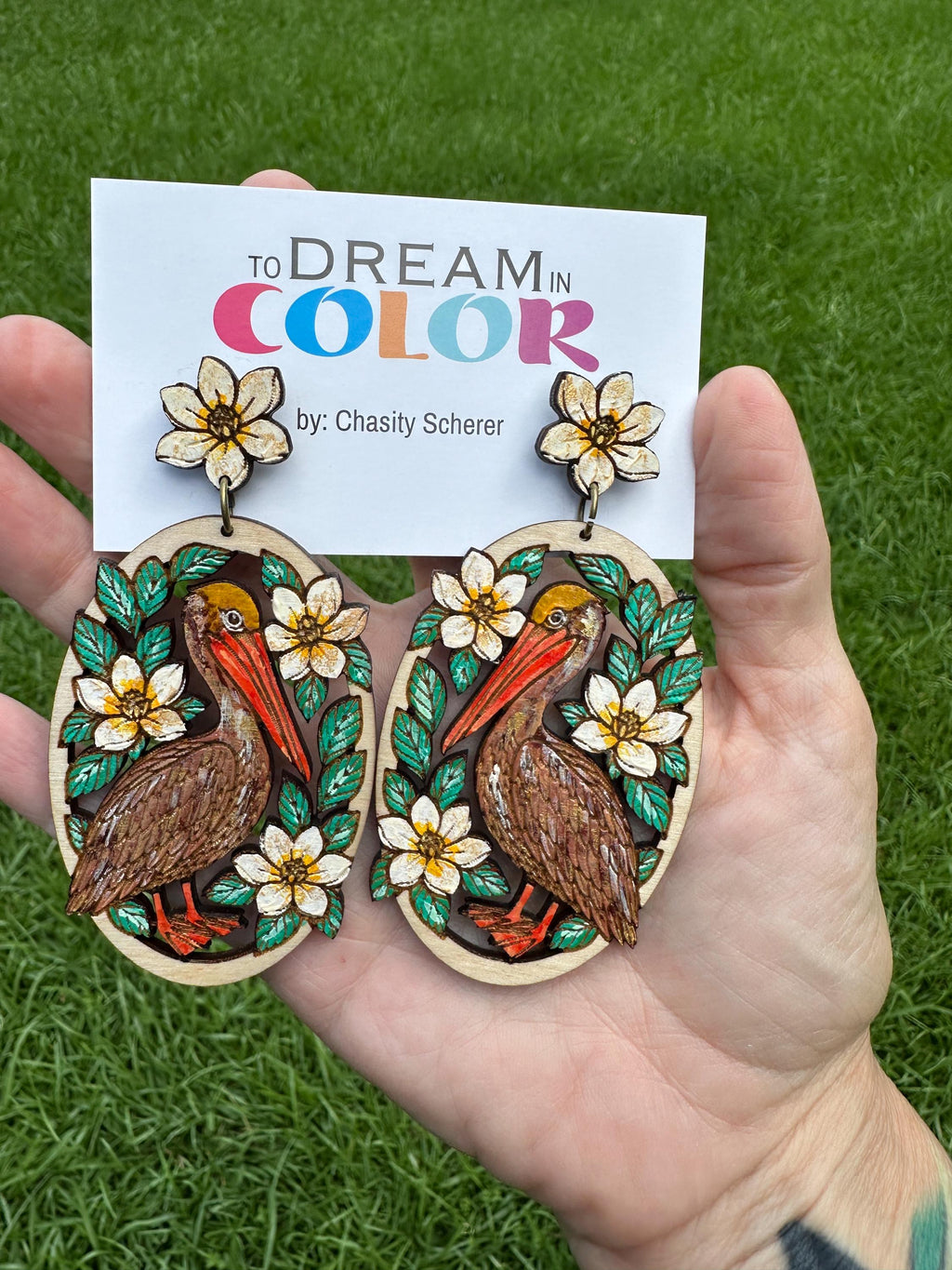 Hand-Painted Pelican Earrings: Floral Bayou Art Jewelry, Lightweight Wood