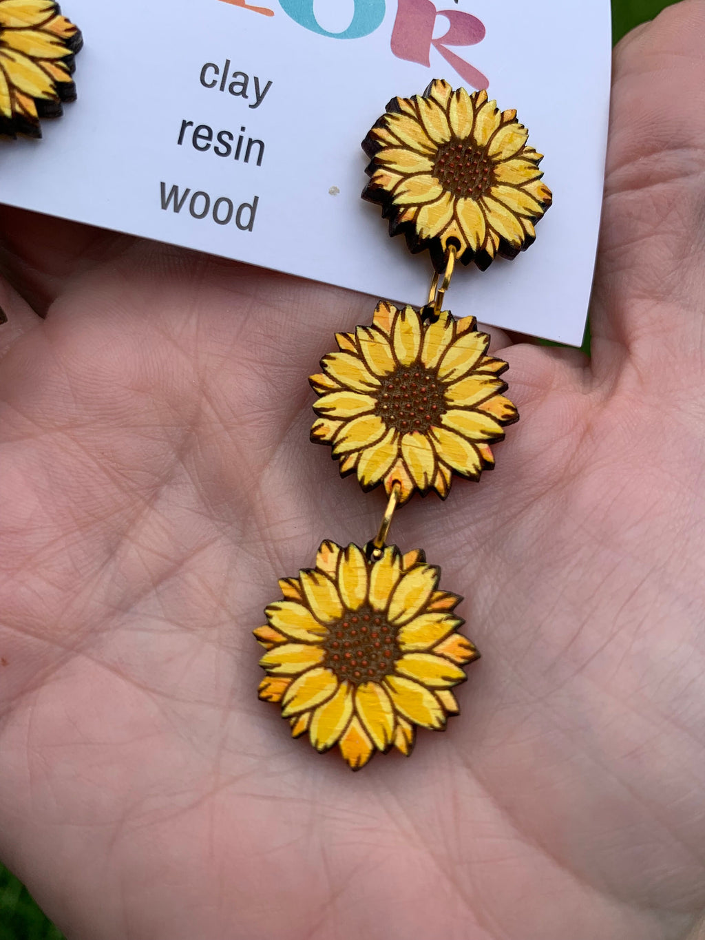 Sunflower Statement Earrings – Long Lightweight Hand Painted Wood Earrings – Clip-On Option – Summer Floral Jewelry