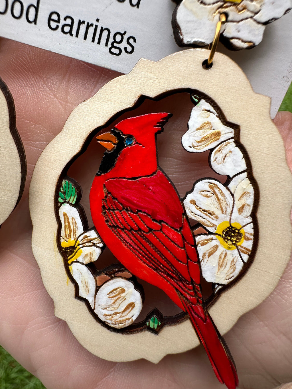 Hand-Painted Cardinal Earrings: Magnolia Wood Statement Jewelry