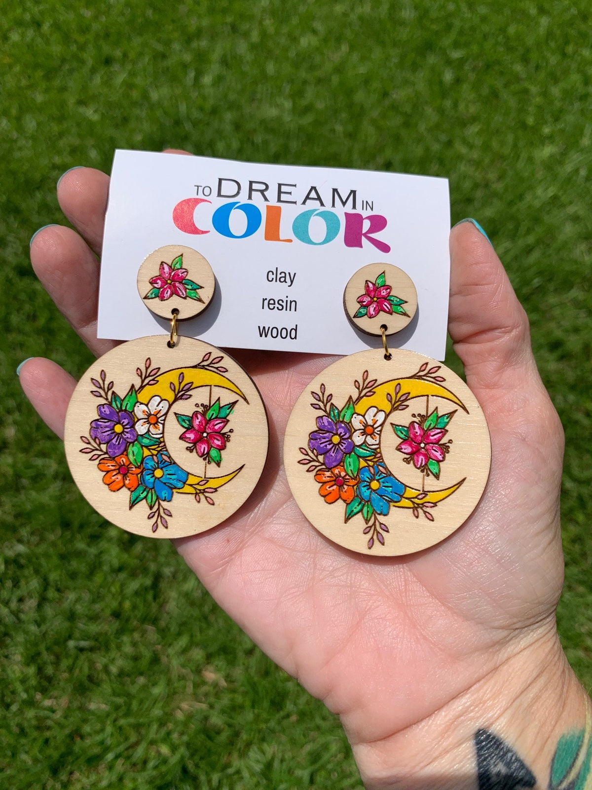 Hand-Painted Crescent Moon Earrings: Floral Wooden Boho Jewelry