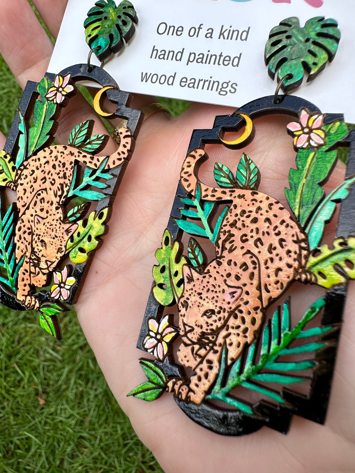 Leopard Jungle Earrings – Hand Painted Wood Statement Jewelry – Lightweight Colorful Earrings - Nature Lover Gift