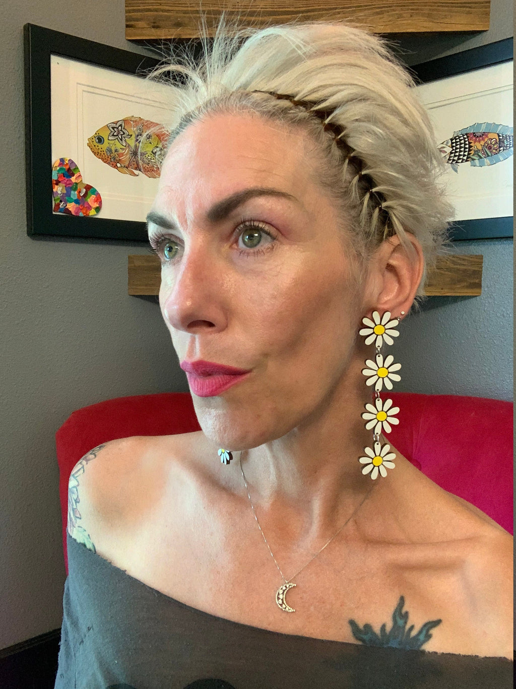 Daisy Flower Wood Earrings: Handpainted Laser Cut Dangle Earrings