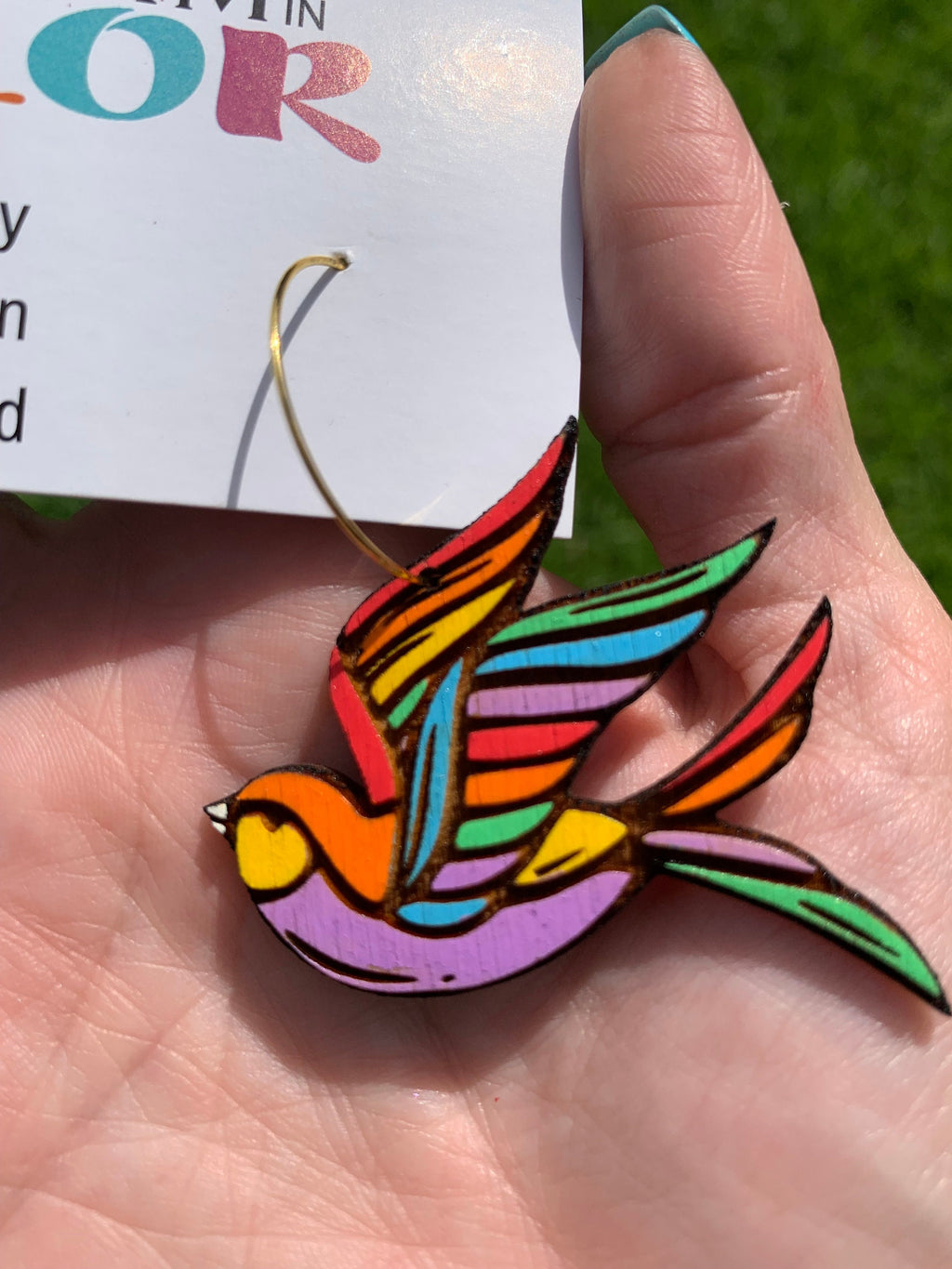 Hand-Painted Sparrow Earrings: Bold Wood Dangle Earrings
