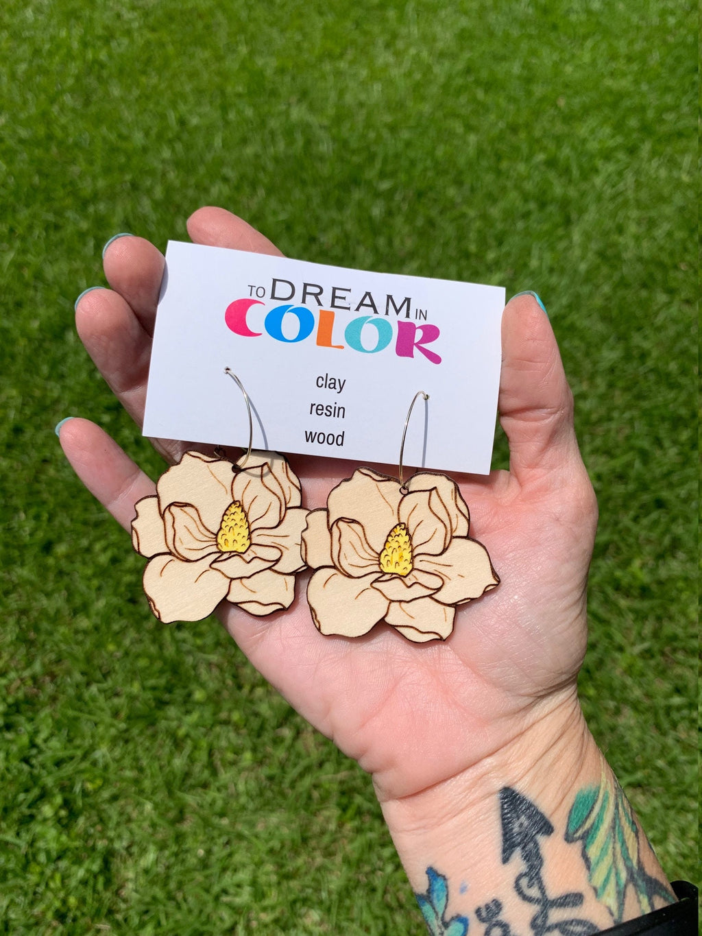 Laser Cut Magnolia Wood Earrings: Hand-Painted Statement Dangles