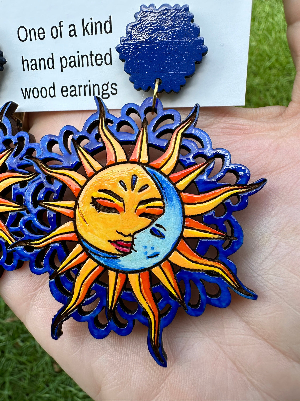Hand-Painted Sun and Moon Earrings: Celestial Wood Statement Jewelry