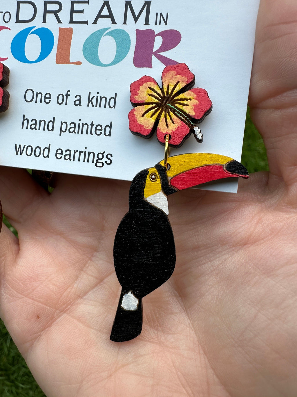Hand Painted Toucan Hibiscus Wood Statement Earrings – Tropical Lightweight Jewelry