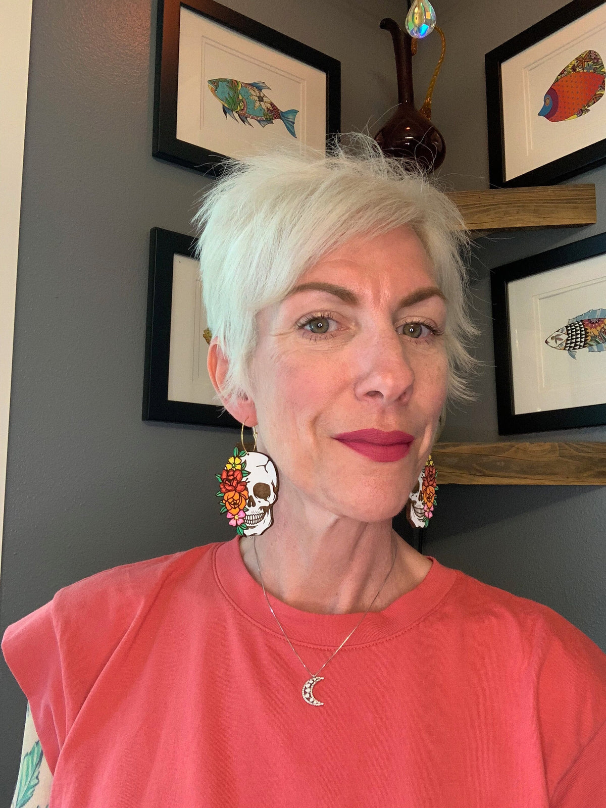 Floral Skull Earrings: Hand-Painted Wood Statement Jewelry