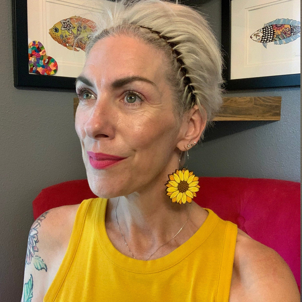 Sunflower Earrings – Hand Painted Wood Statement Jewelry – Big Bold Lightweight Colorful Earrings