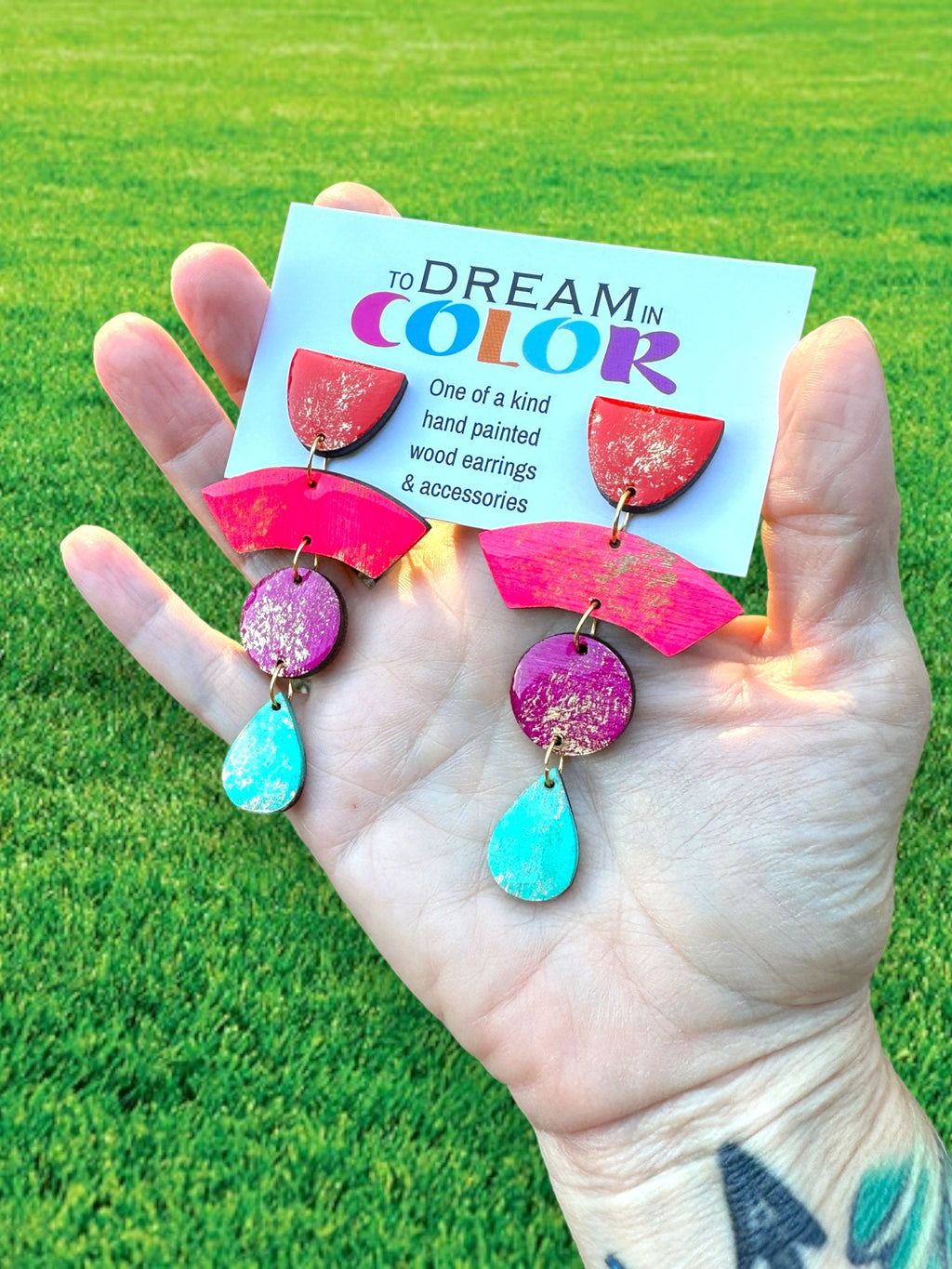 Neon 80s Geometric Earrings: Hand-Painted Wood & Resin