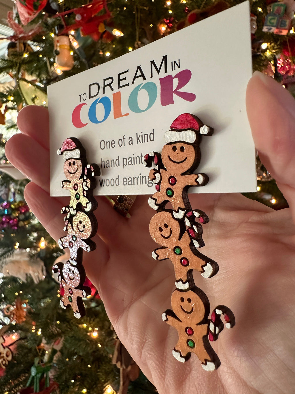 Hand-Painted Gingerbread Man Earrings: Christmas Wood Statement Jewelry