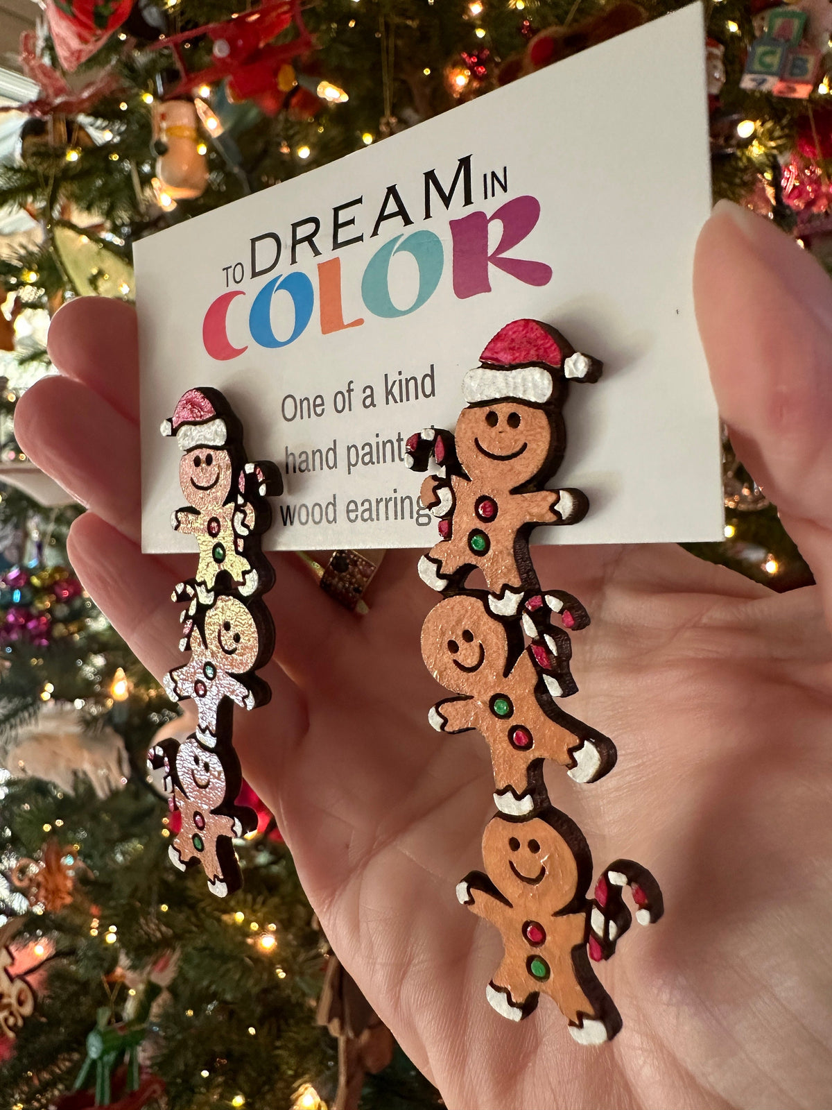 Hand-Painted Gingerbread Man Earrings: Christmas Wood Statement Jewelry