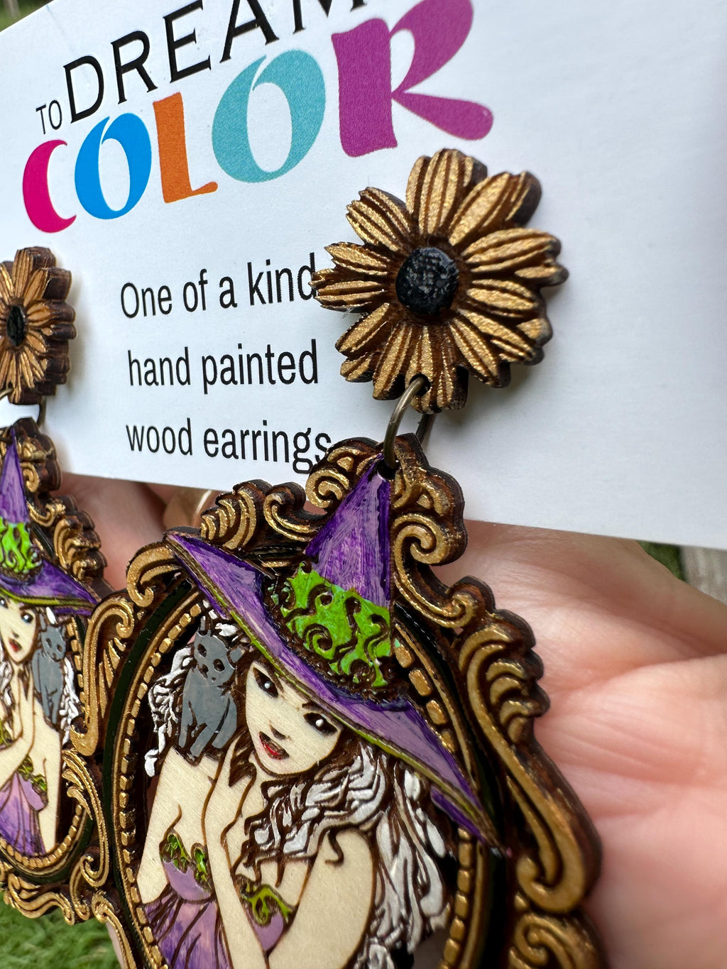 Hand-Painted Witch Earrings – Gothic Wood Statement Jewelry with Cat Familiar