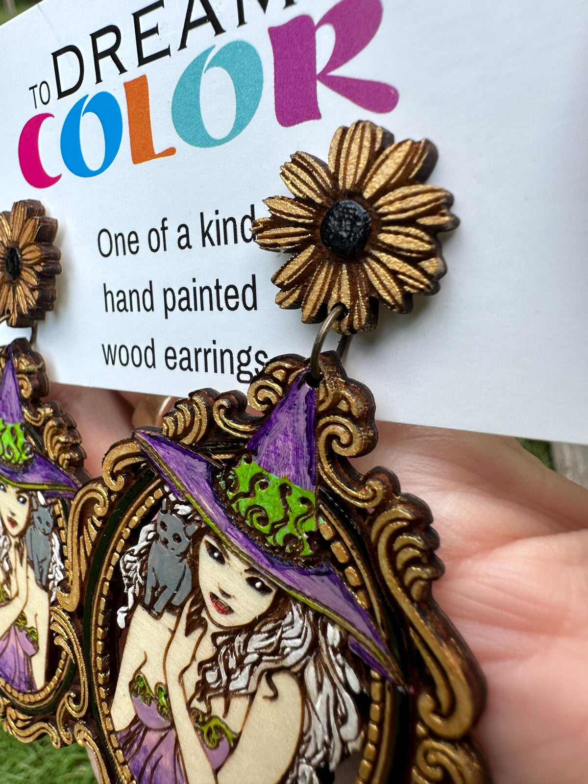 Hand-Painted Witch Earrings – Gothic Wood Statement Jewelry with Cat Familiar