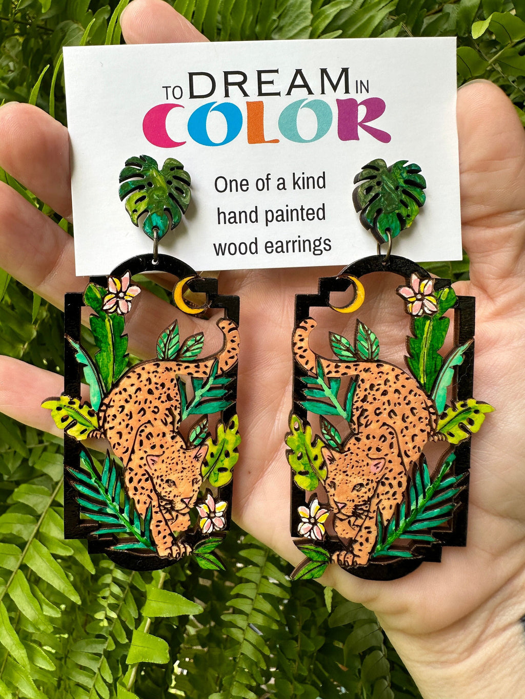 Leopard Jungle Earrings – Hand Painted Wood Statement Jewelry – Lightweight Colorful Earrings - Nature Lover Gift