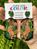 Leopard Jungle Earrings – Hand Painted Wood Statement Jewelry – Lightweight Colorful Earrings - Nature Lover Gift