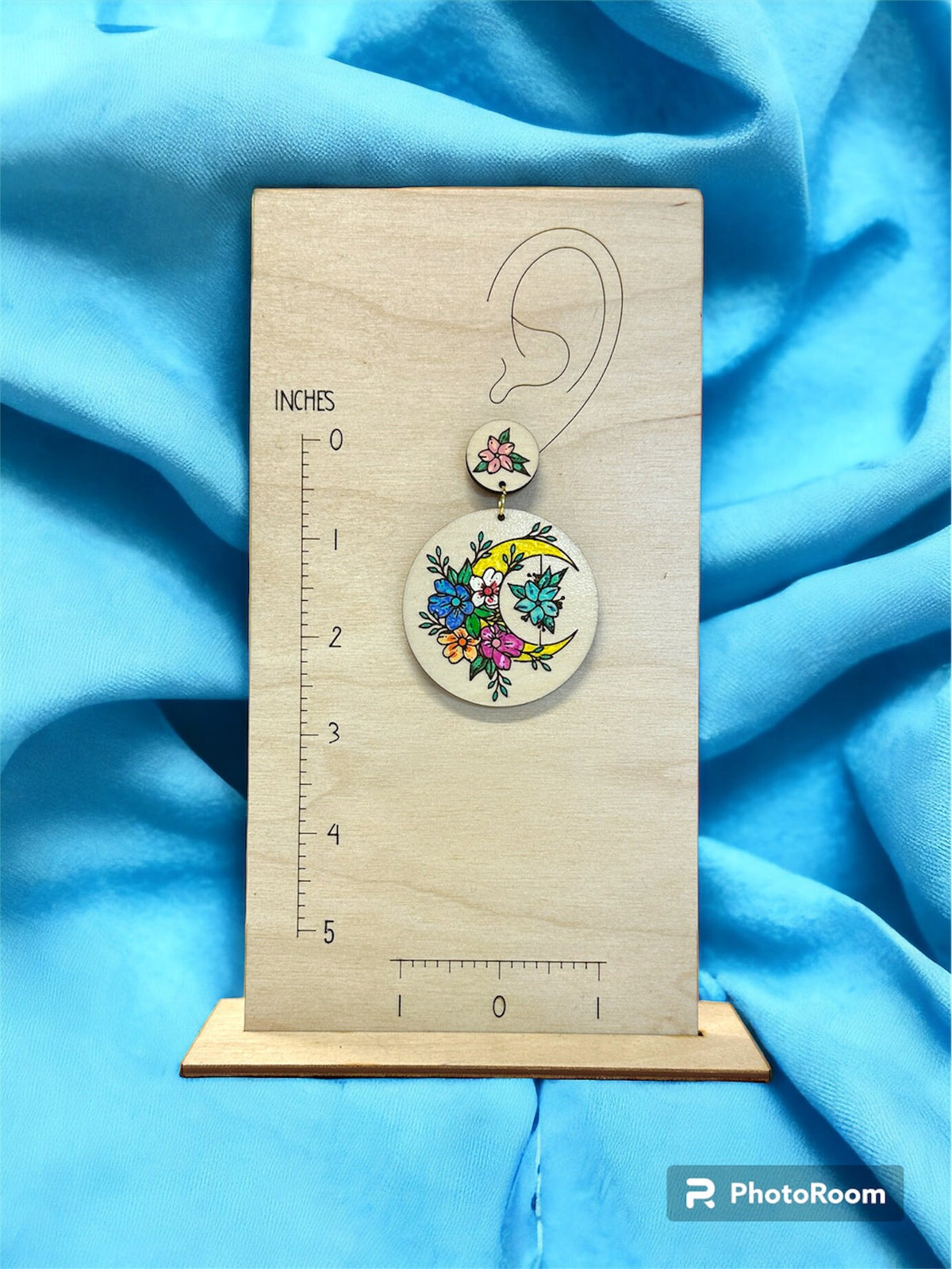 Hand-Painted Crescent Moon Earrings: Floral Wooden Boho Jewelry