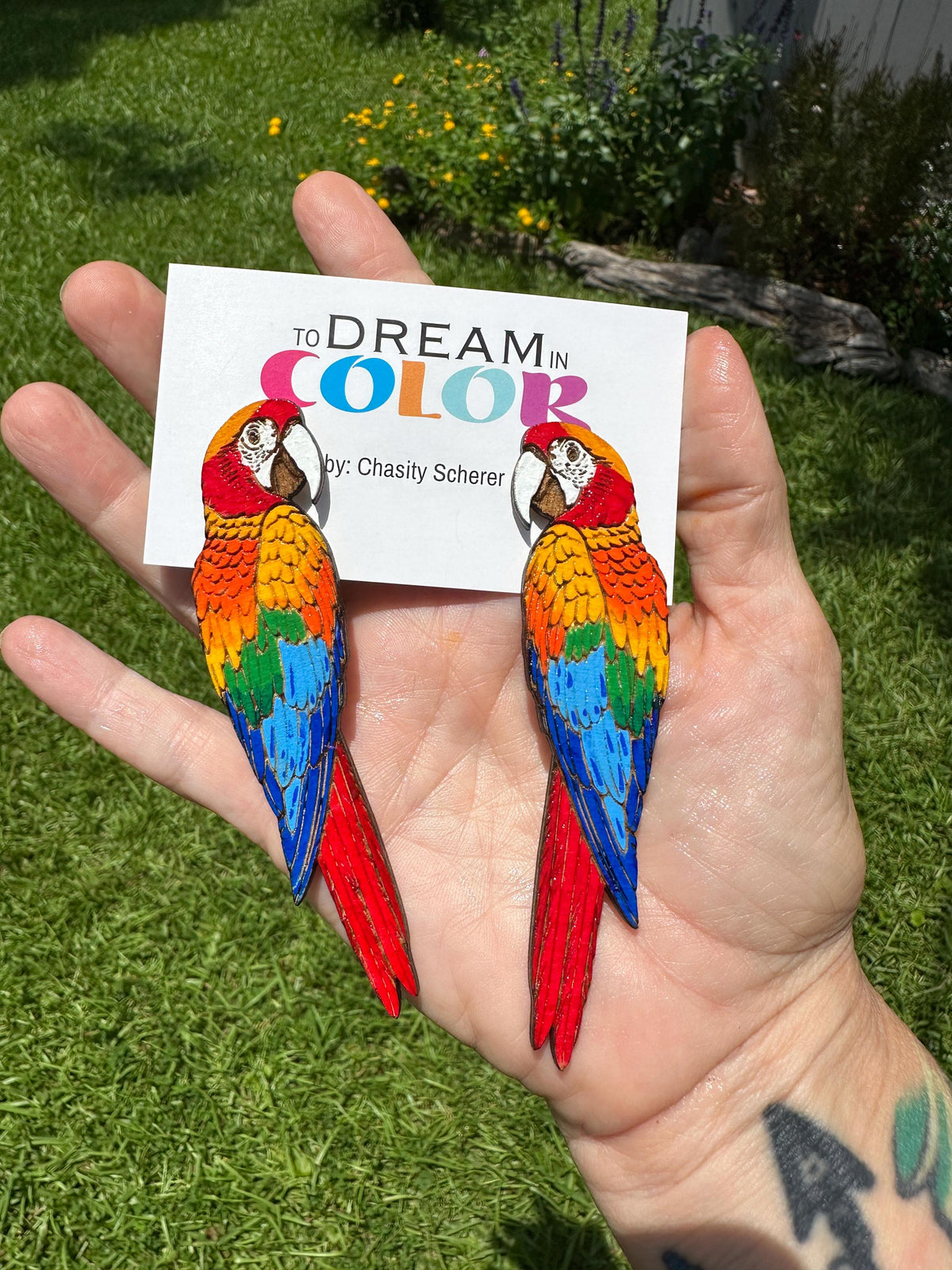 Hand-Painted Wood Parrot Earrings: Tropical Macaw Statement Jewelry