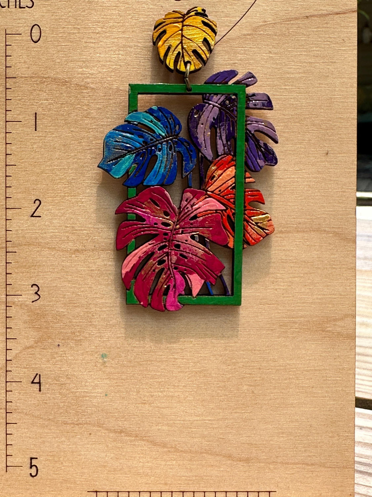 Rainbow Monstera Earrings: Hand-Painted Wood Tropical Statement Jewelry