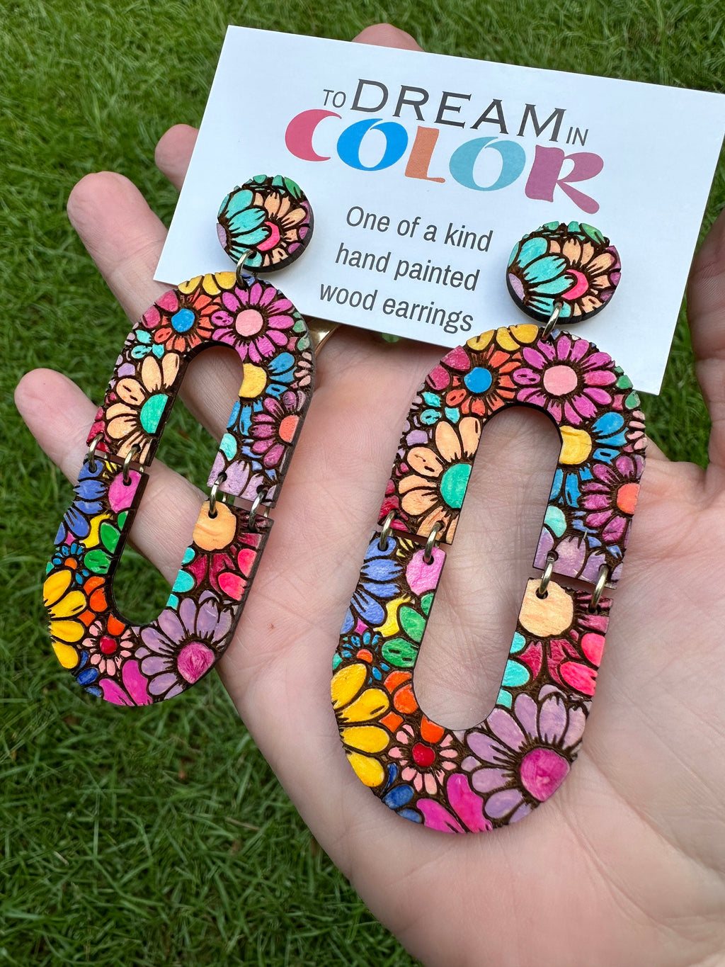 Hand-Painted Flower Hoop Earrings: Bold Maple Wood Jewelry