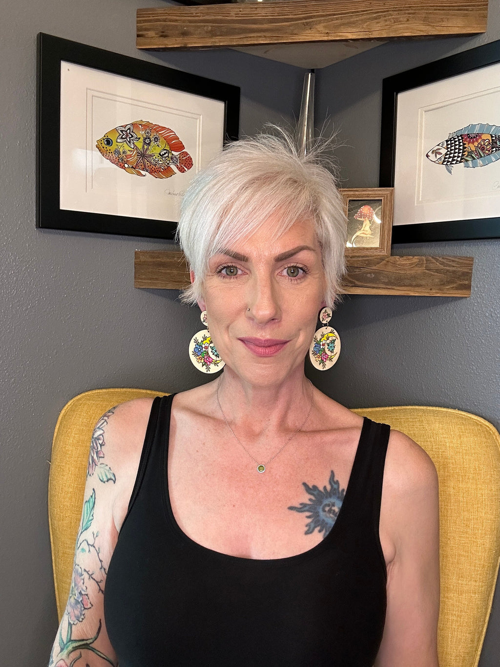 Hand-Painted Crescent Moon Earrings: Floral Wooden Boho Jewelry