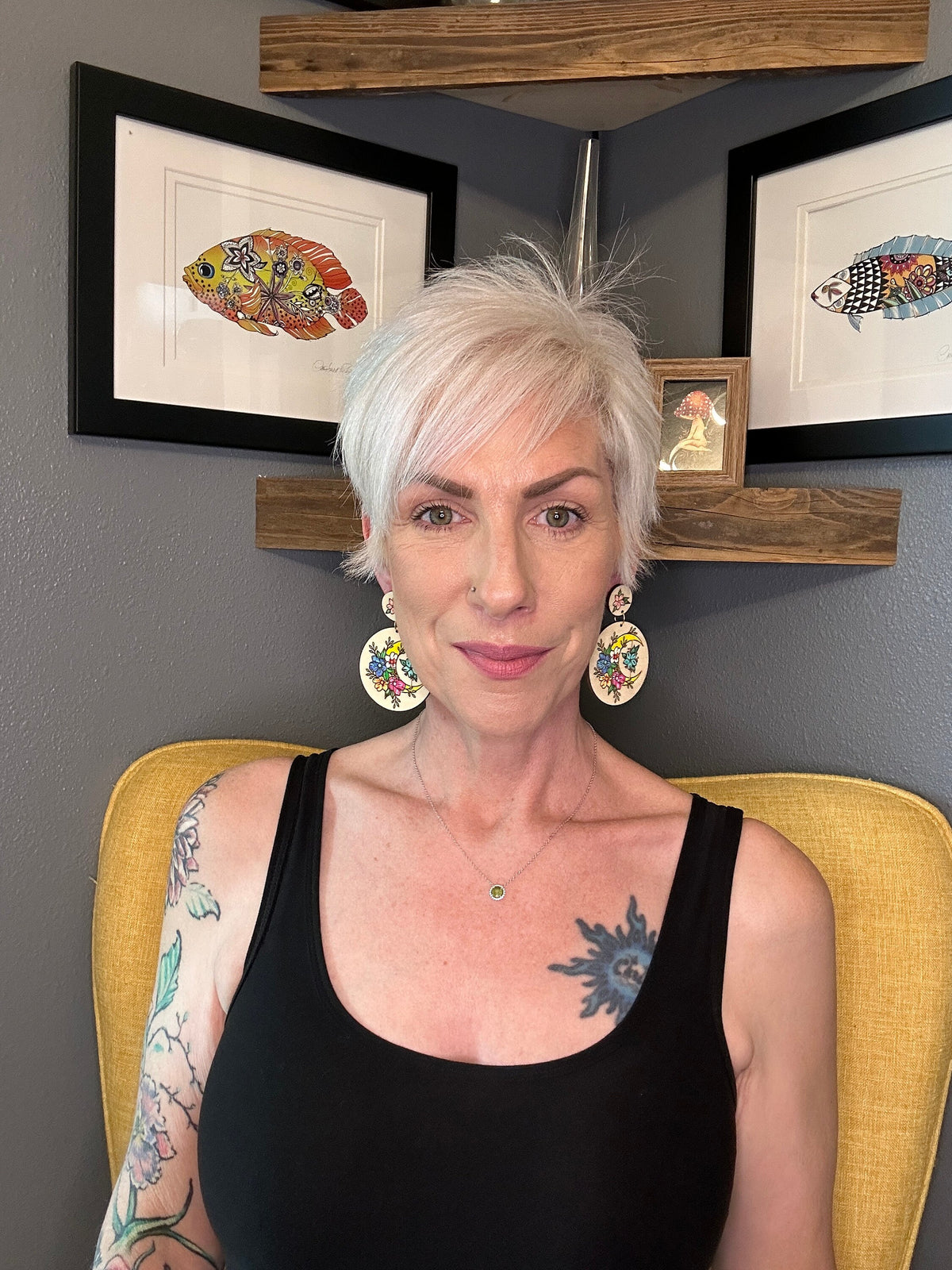 Hand-Painted Crescent Moon Earrings: Floral Wooden Boho Jewelry