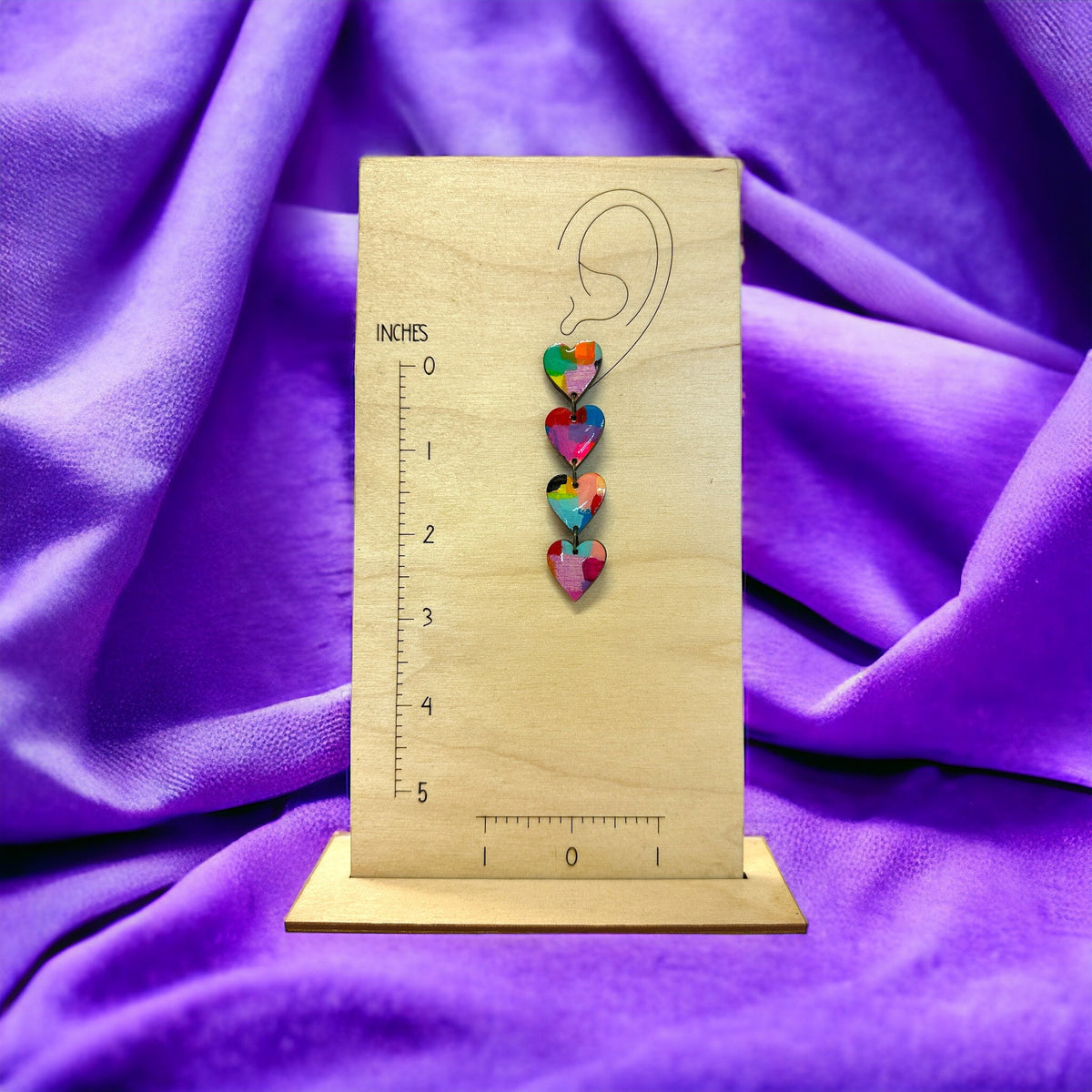 Hand-Painted Heart Dangle Earrings: Bold Laser Cut Wood