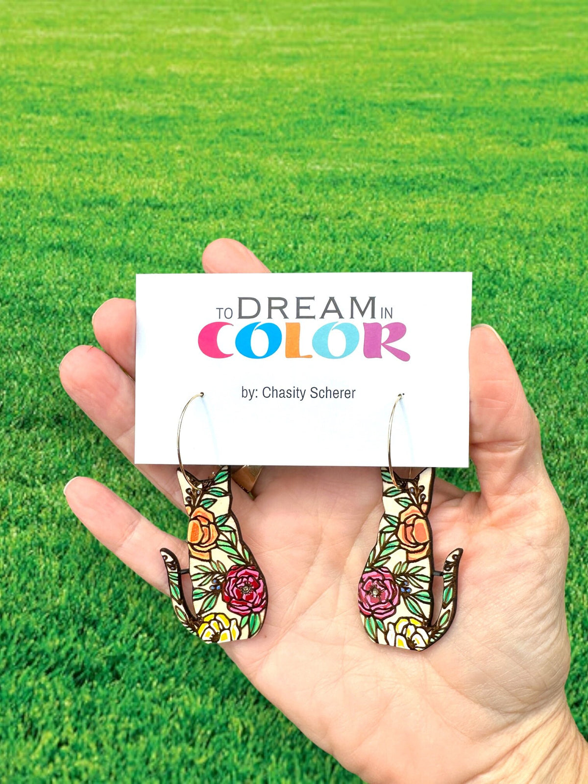 Floral Cat Earrings: Hand-Painted Wood Statement Jewelry