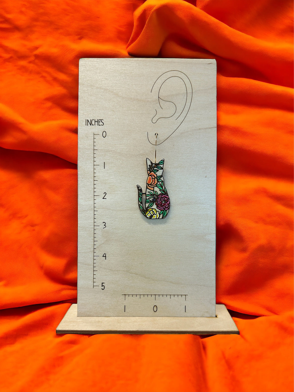 Floral Cat Earrings: Hand-Painted Wood Statement Jewelry