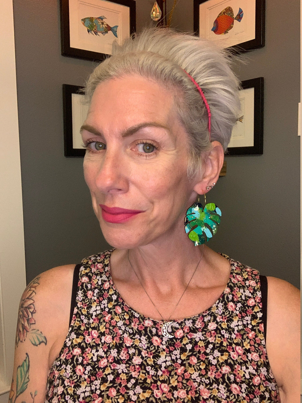 Hand-Painted Monstera Leaf Earrings: Tropical Wood Statement Jewelry