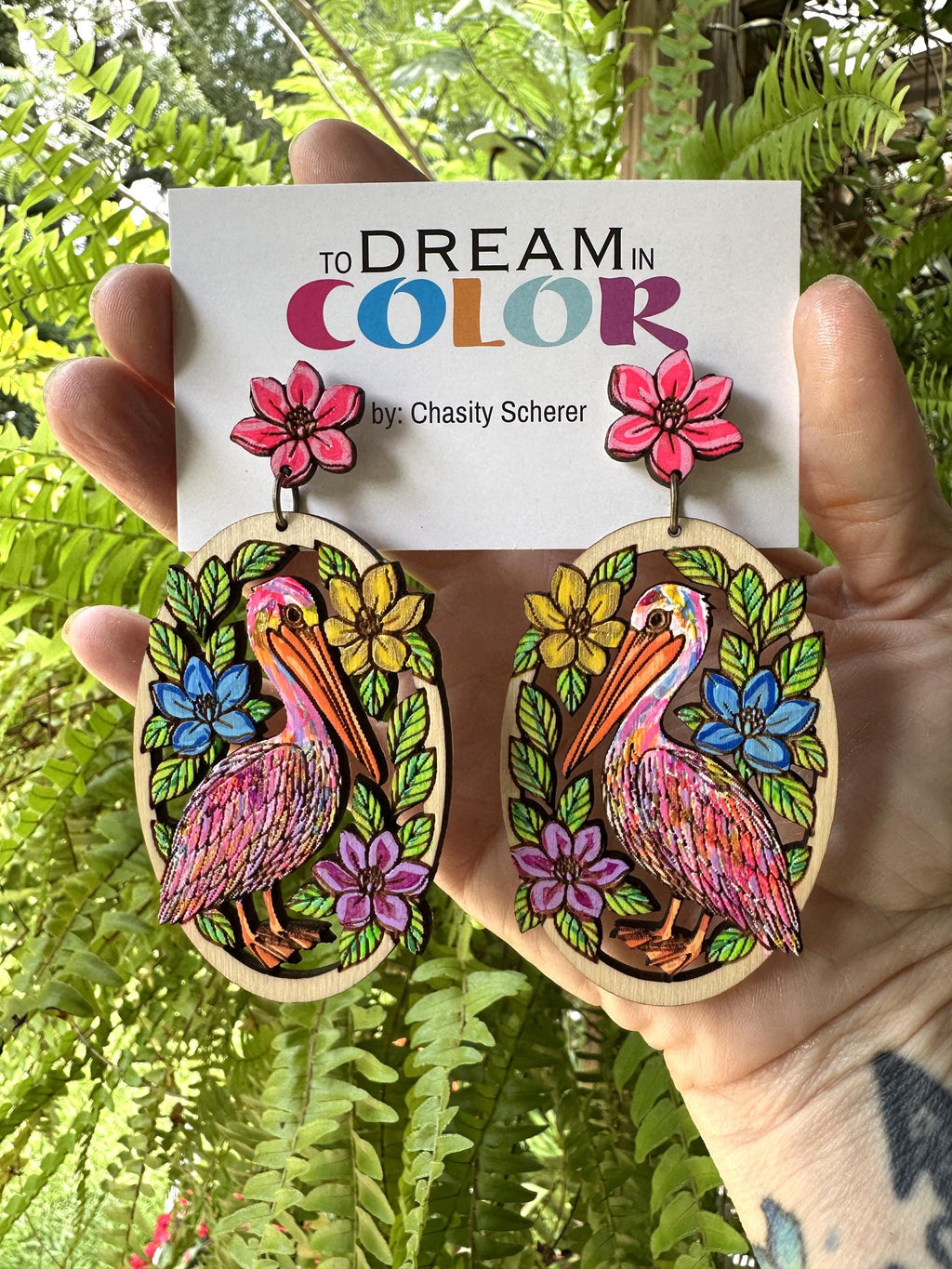 Hand-Painted Pelican Earrings: Tropical Floral Wood Statement Jewelry