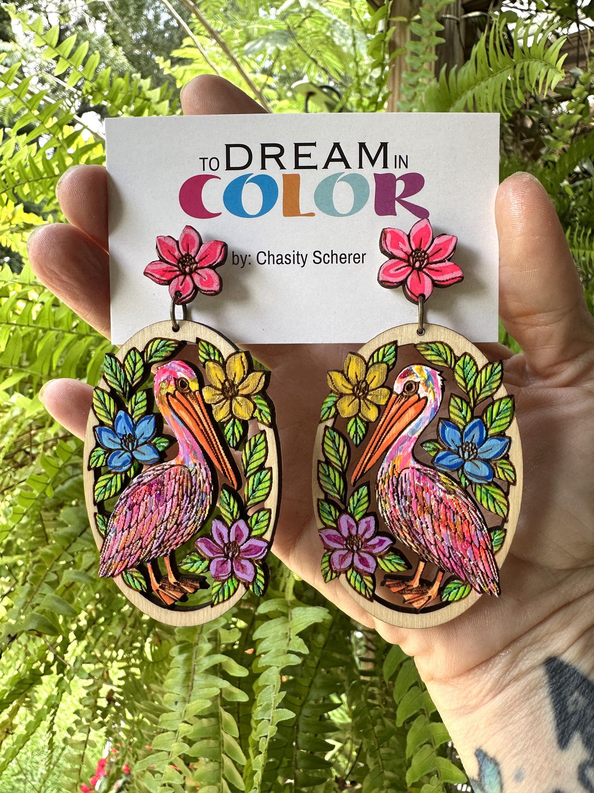 Hand-Painted Pelican Earrings: Tropical Floral Wood Statement Jewelry