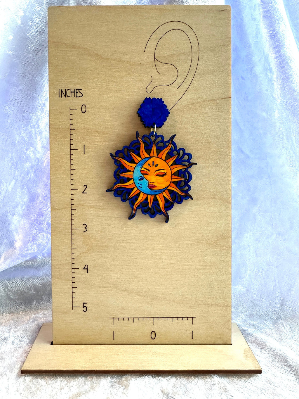 Hand-Painted Sun and Moon Earrings: Celestial Wood Statement Jewelry