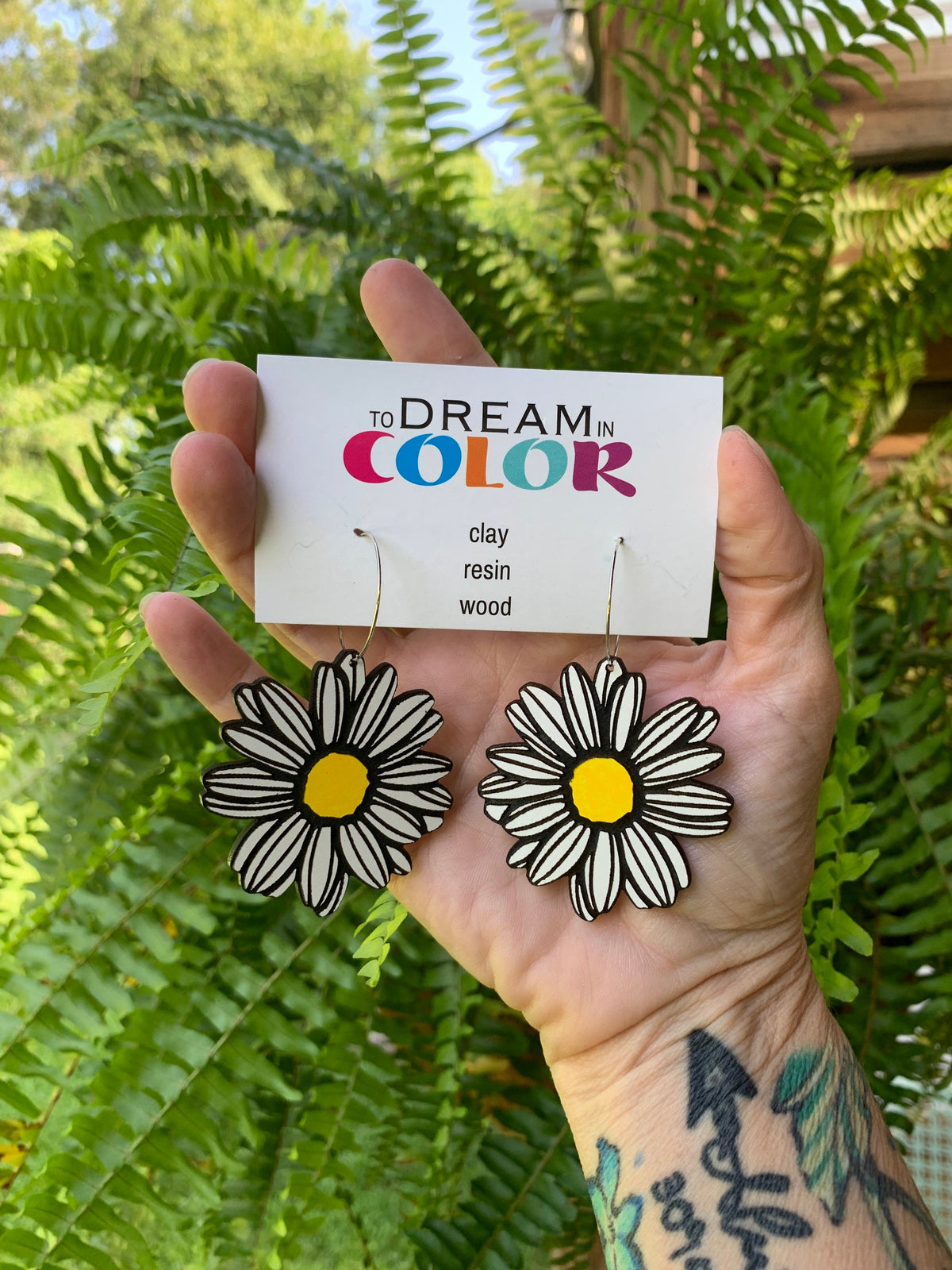 Daisy Hoop Earrings: Hand-Painted Laser Cut Wood, Hypoallergenic